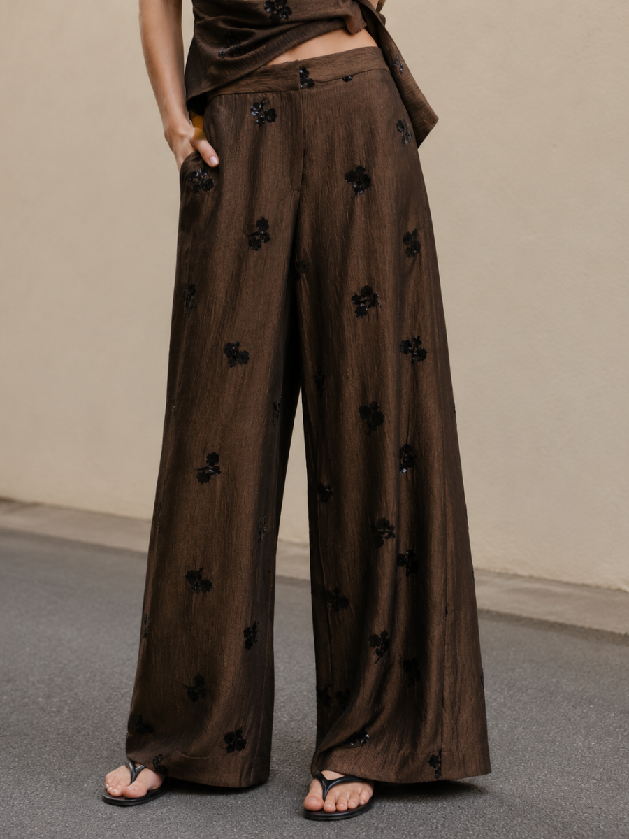 Sequin Floral Halter Wrap Top And Flowy Wide-Leg Pants Set