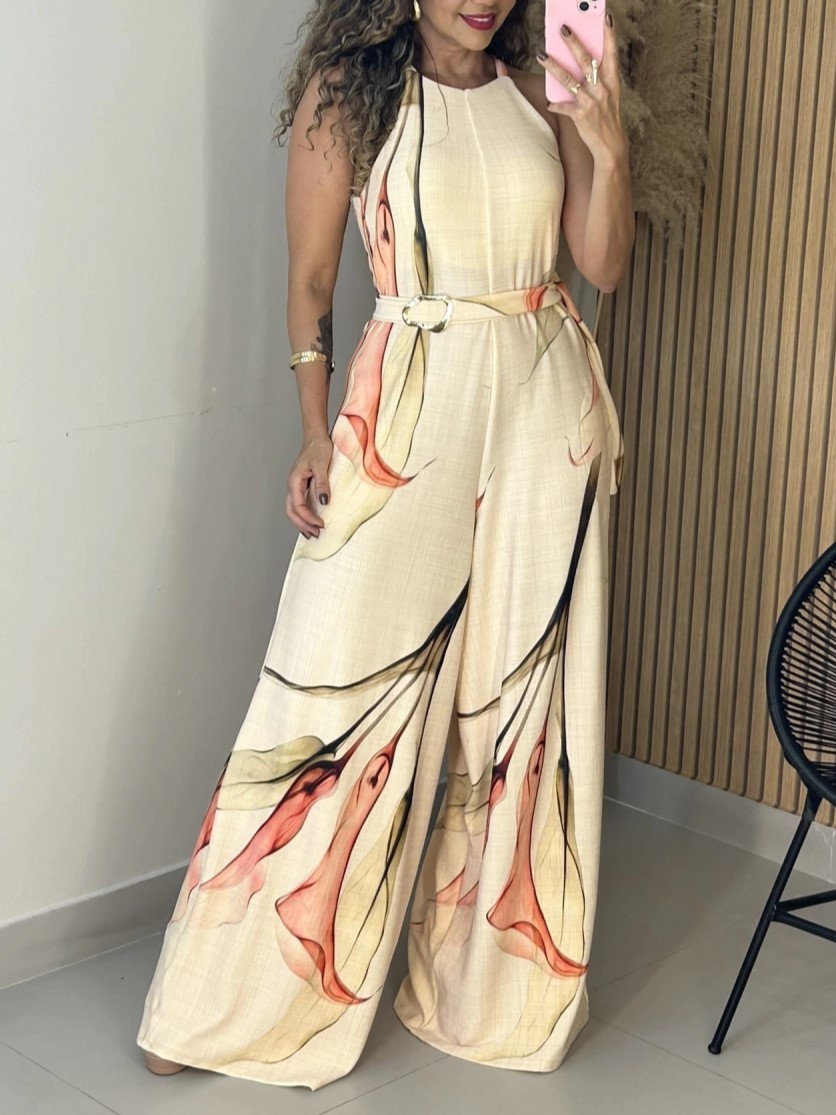 Floral Print Sleeveless Belted Wide Leg Jumpsuit