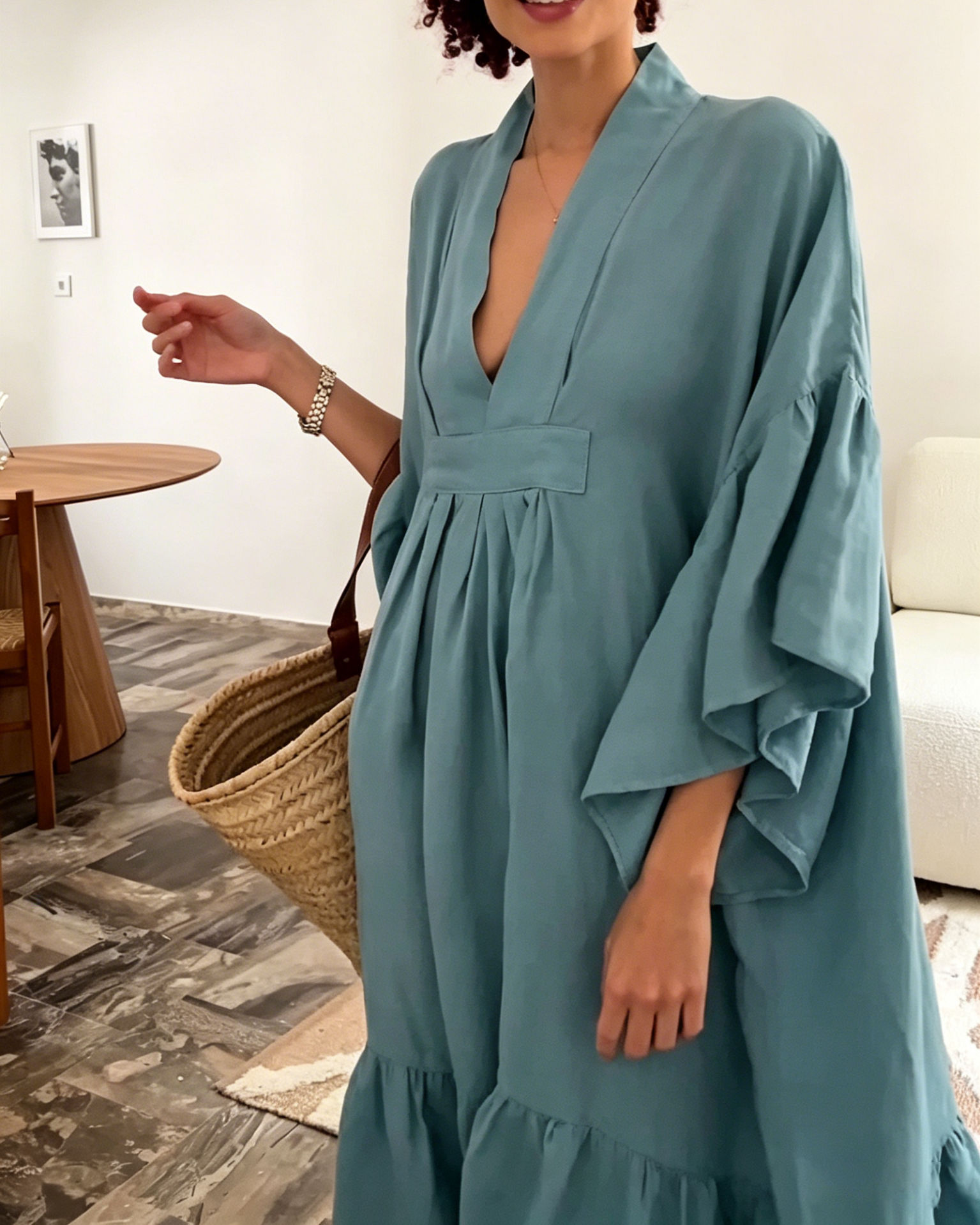 Dusty Blue Linen-Blend Kaftan Maxi Dress with V-Neck & Ruffled Hem