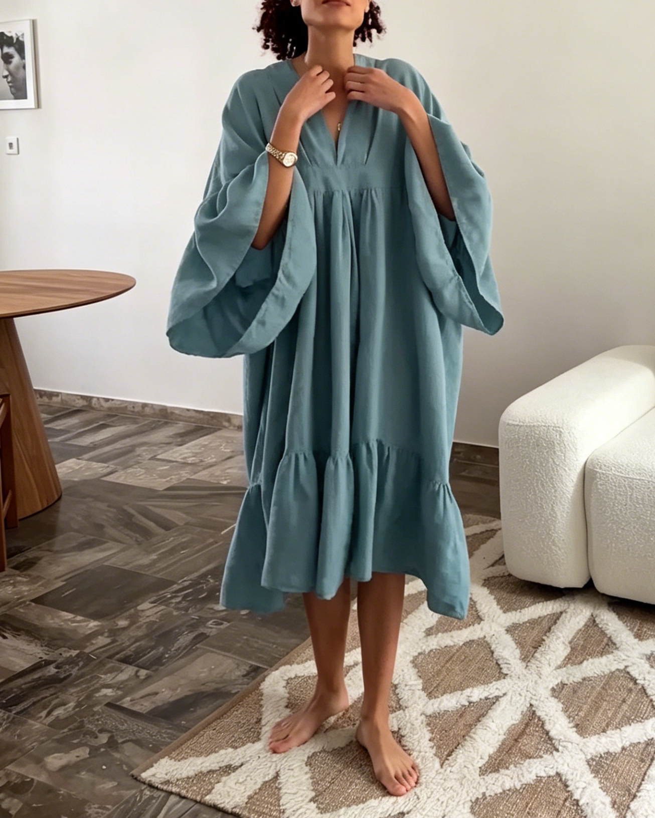 Dusty Blue Linen-Blend Kaftan Maxi Dress with V-Neck & Ruffled Hem