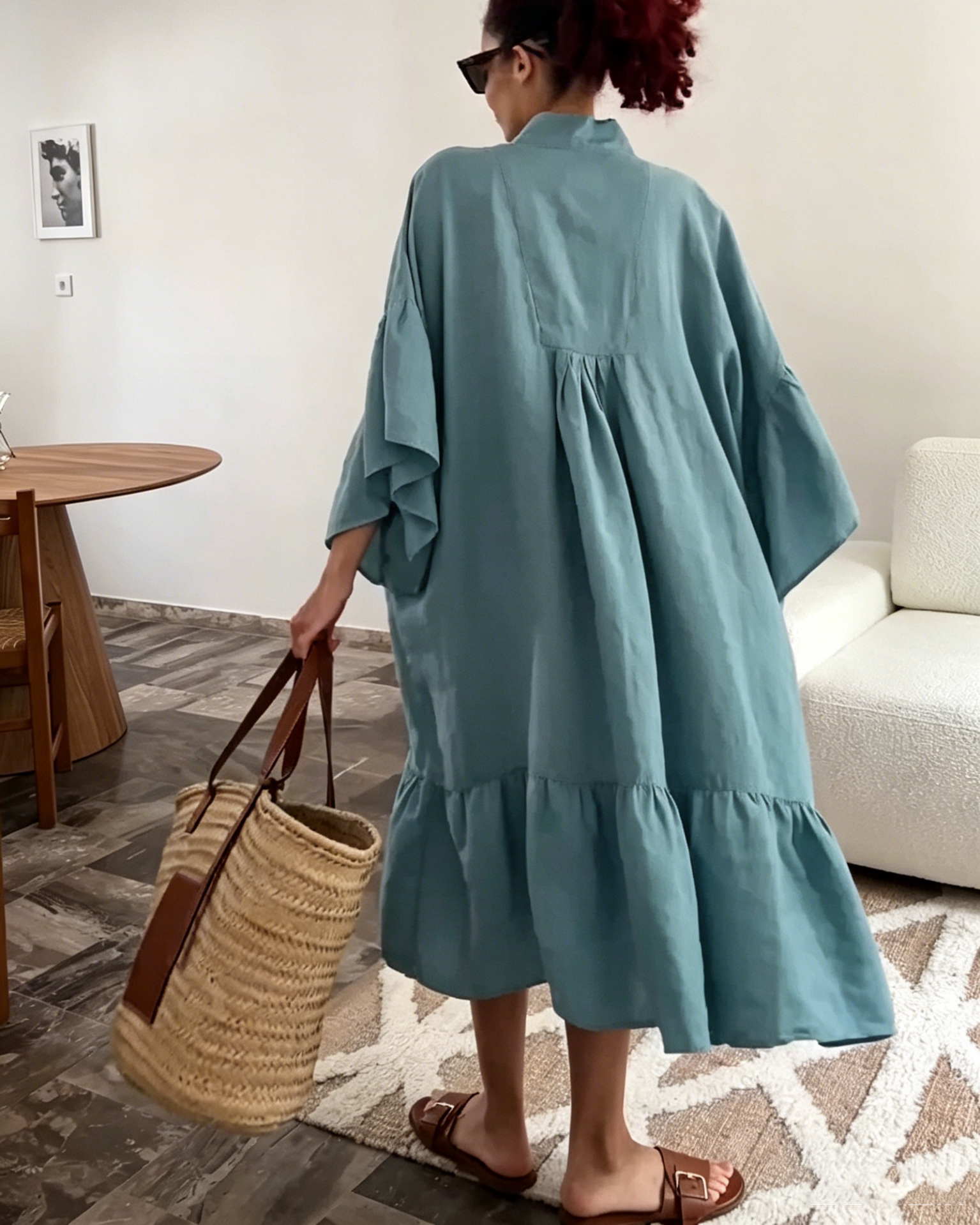 Dusty Blue Linen-Blend Kaftan Maxi Dress with V-Neck & Ruffled Hem
