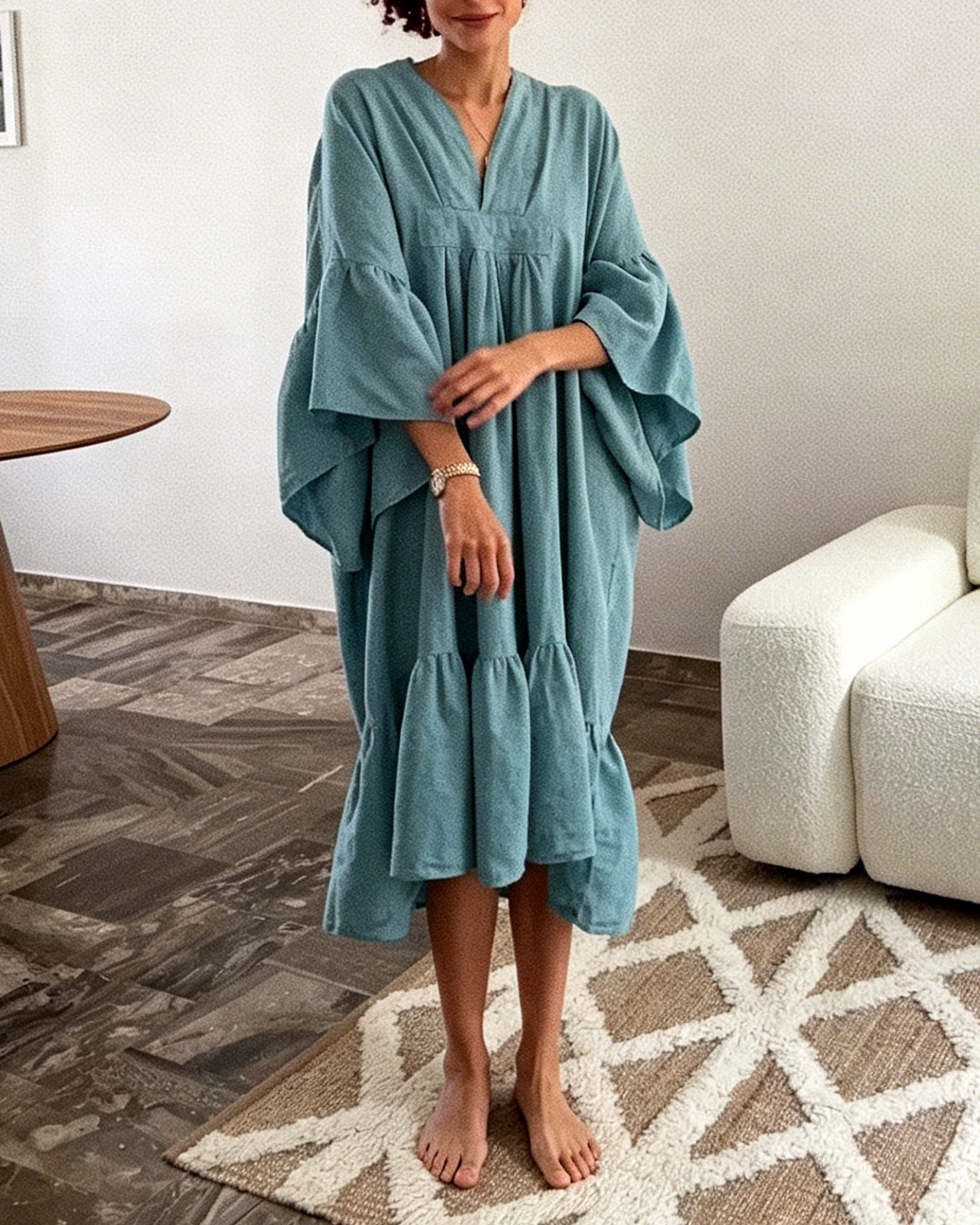 Dusty Blue Linen-Blend Kaftan Maxi Dress with V-Neck & Ruffled Hem