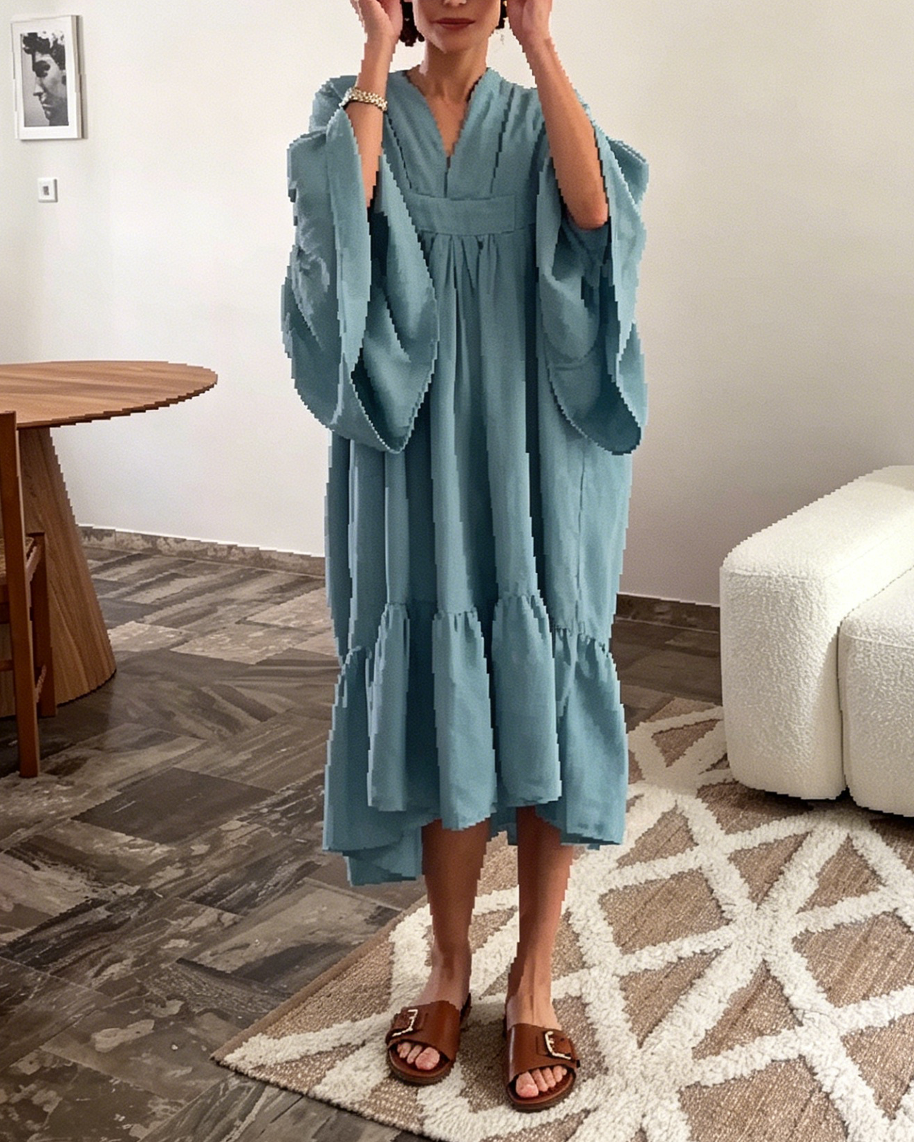 Dusty Blue Linen-Blend Kaftan Maxi Dress with V-Neck & Ruffled Hem