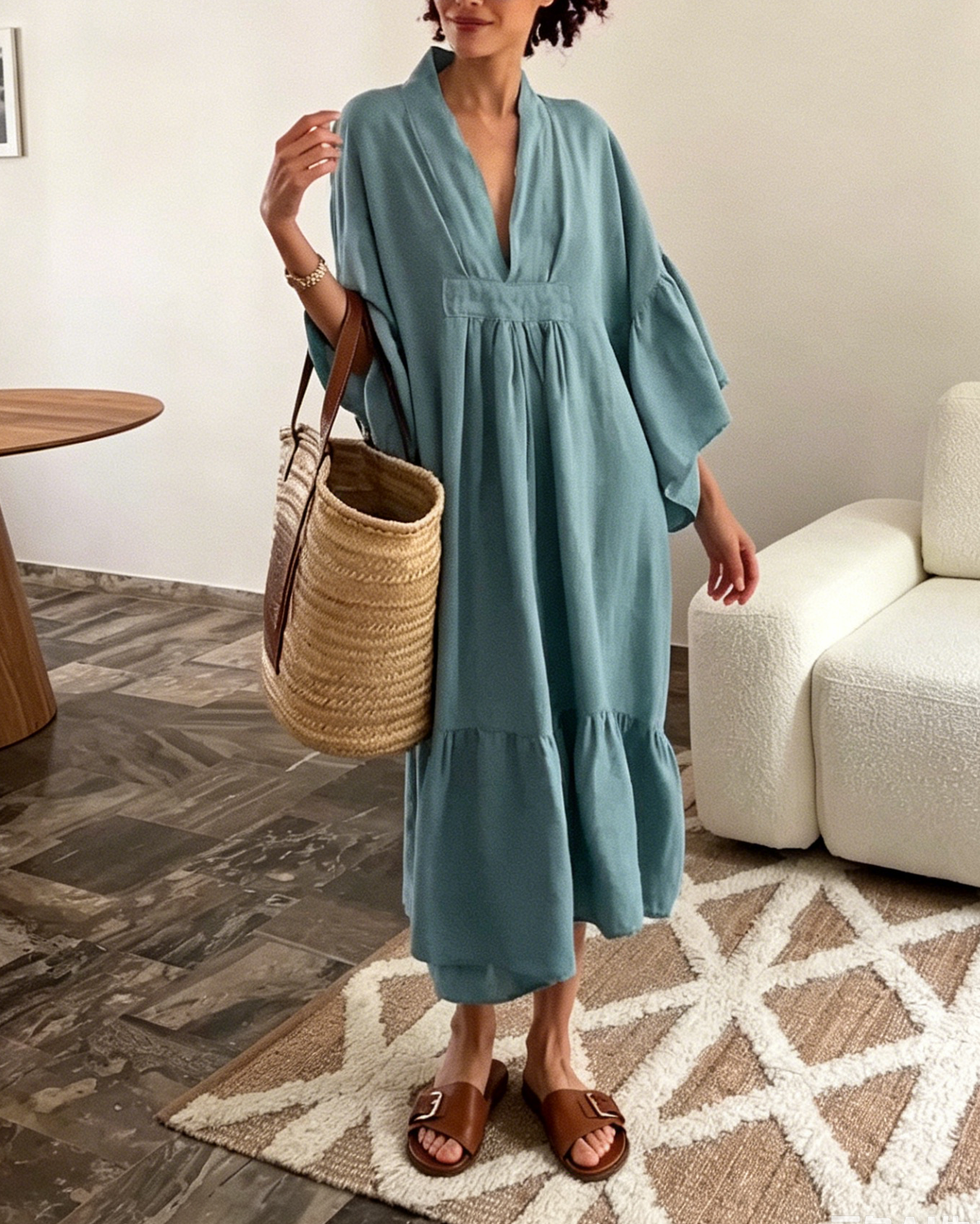 Dusty Blue Linen-Blend Kaftan Maxi Dress with V-Neck & Ruffled Hem