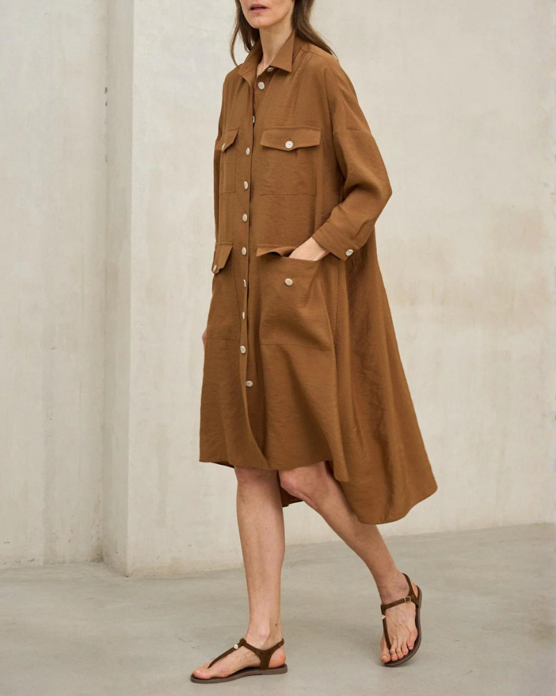 Women’s Button-Down Shirt Dress With Pockets High-Low Hem