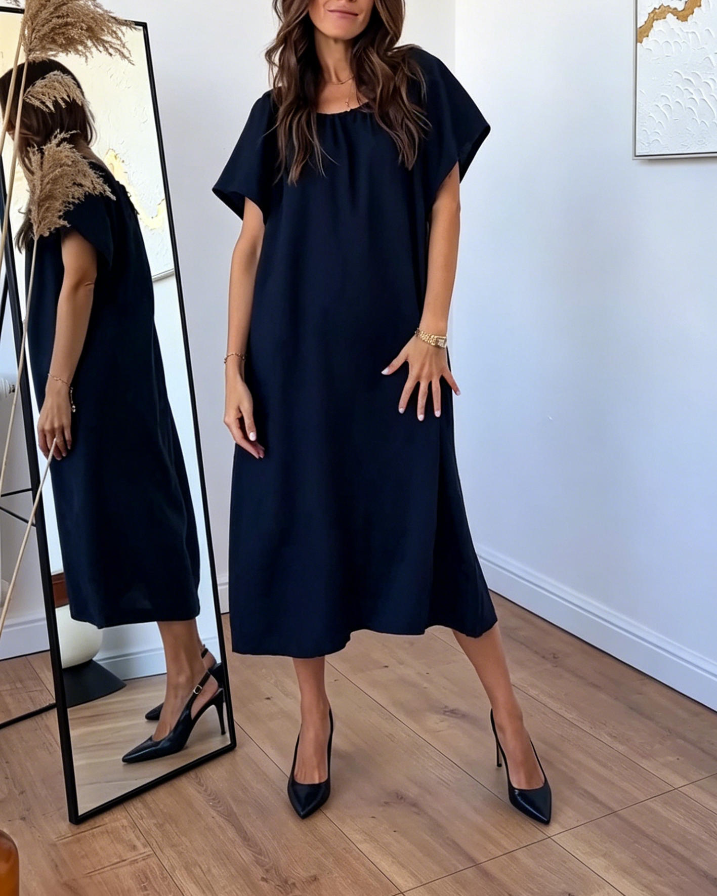 Black Elegant Flowy Linen-Blend Midi Dress with Cape Sleeves