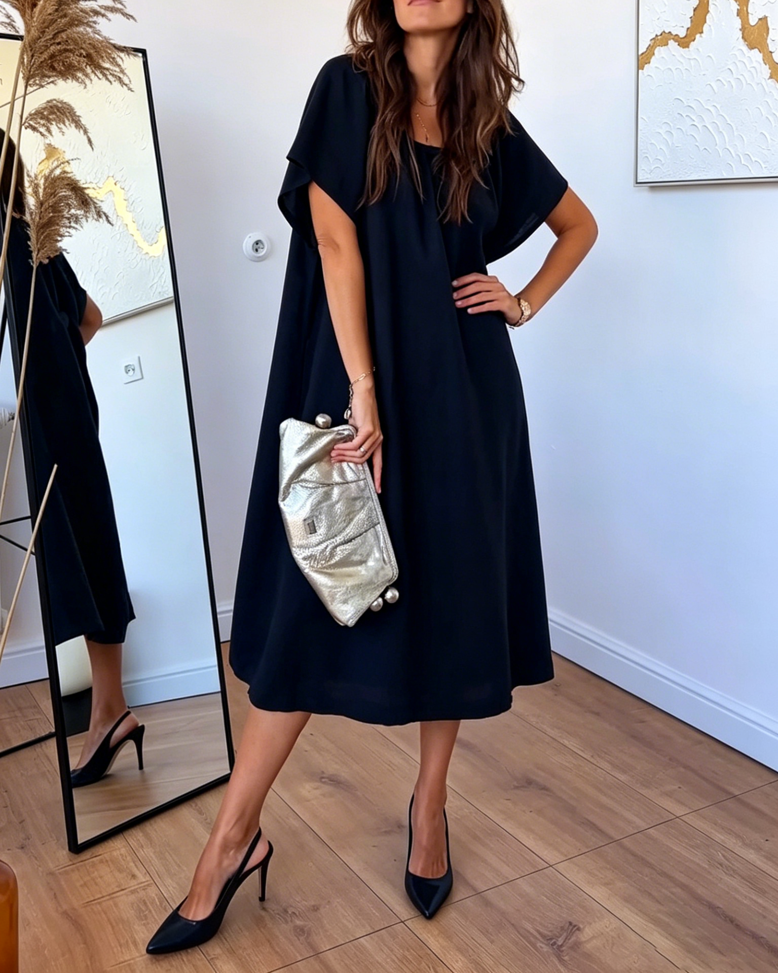 Black Elegant Flowy Linen-Blend Midi Dress with Cape Sleeves