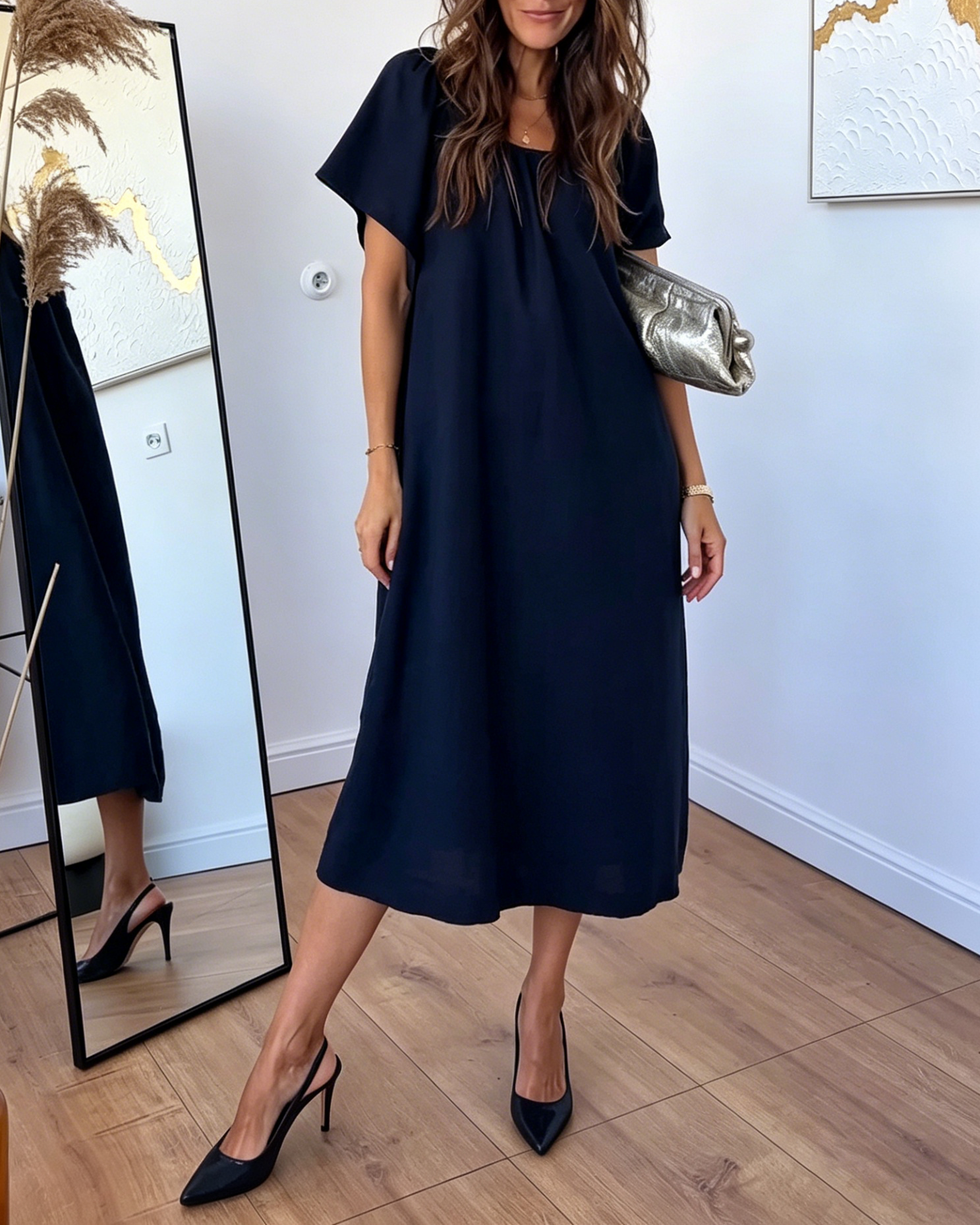 Black Elegant Flowy Linen-Blend Midi Dress with Cape Sleeves