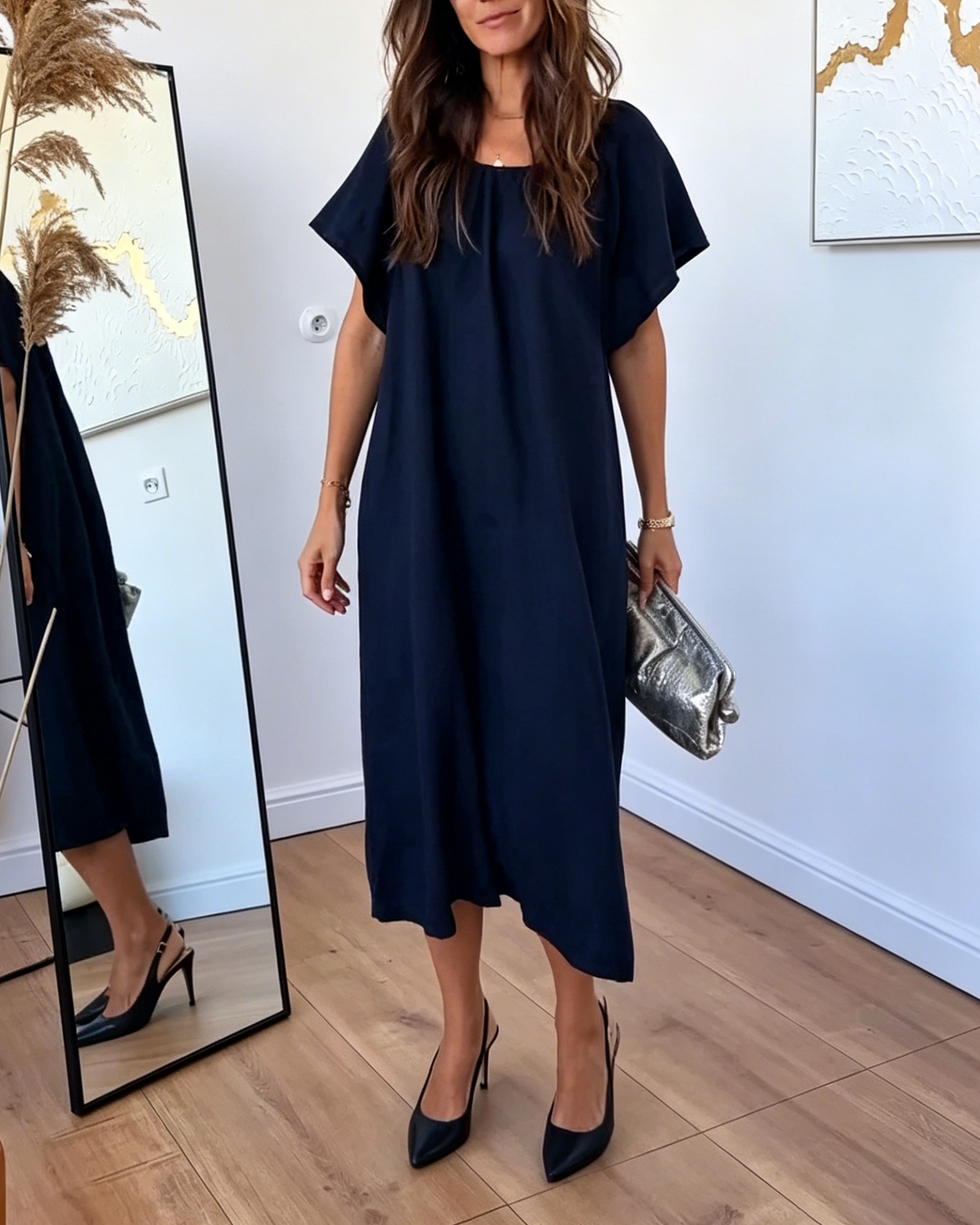 Black Elegant Flowy Linen-Blend Midi Dress with Cape Sleeves