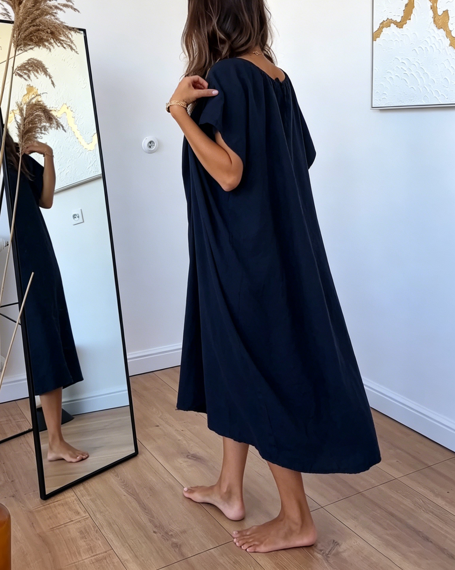 Black Elegant Flowy Linen-Blend Midi Dress with Cape Sleeves