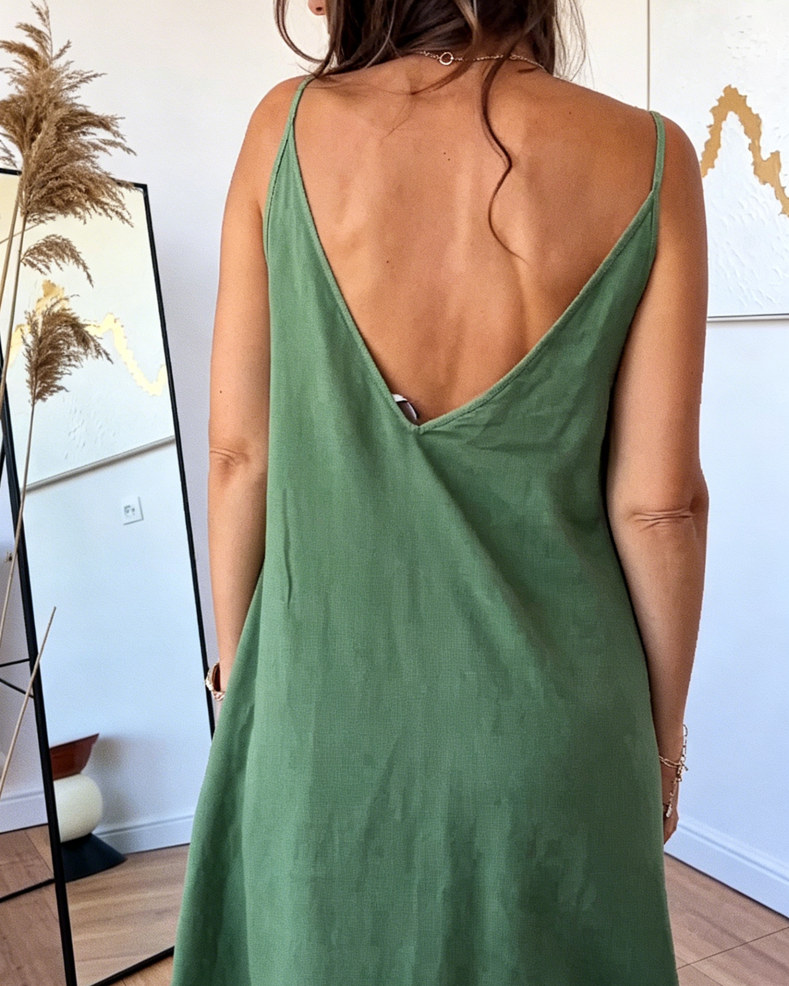 Olive Green Sleeveless Linen Maxi Dress with Deep V-Neck & Wide Straps
