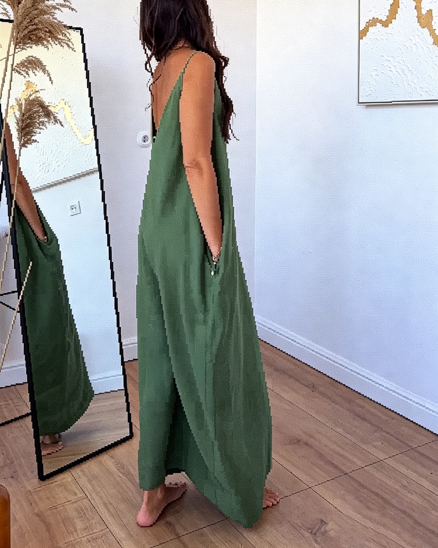 Olive Green Sleeveless Linen Maxi Dress with Deep V-Neck & Wide Straps