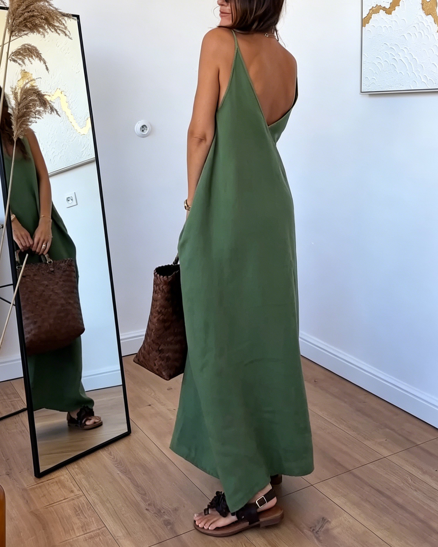 Olive Green Sleeveless Linen Maxi Dress with Deep V-Neck & Wide Straps