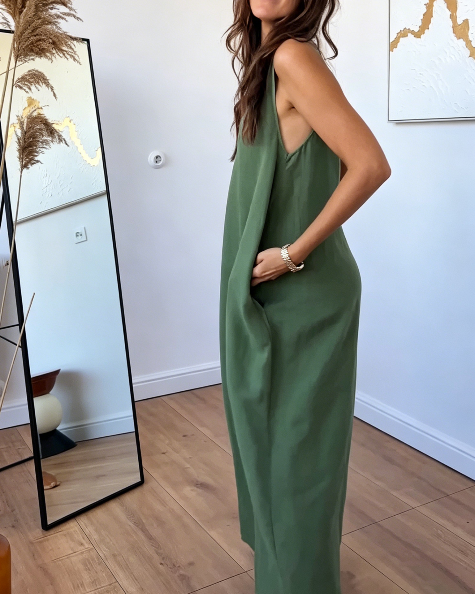 Olive Green Sleeveless Linen Maxi Dress with Deep V-Neck & Wide Straps