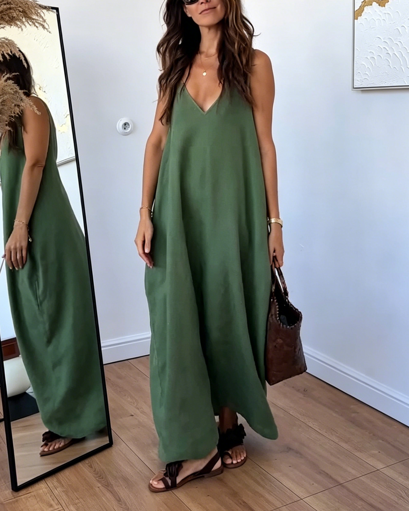 Olive Green Sleeveless Linen Maxi Dress with Deep V-Neck & Wide Straps
