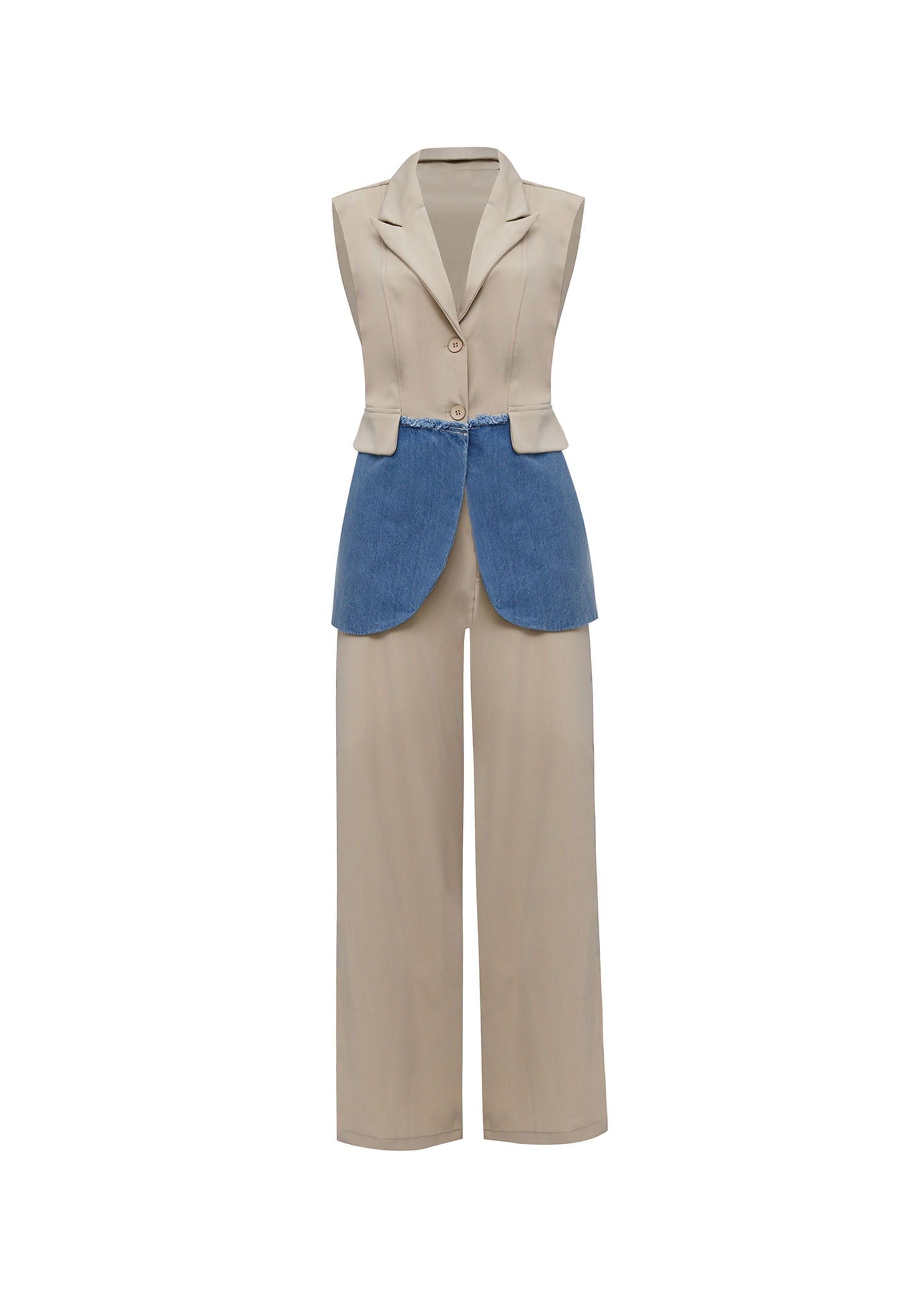 Conjunto Sastre de Chaleco y Pantalón con Contraste de Denim