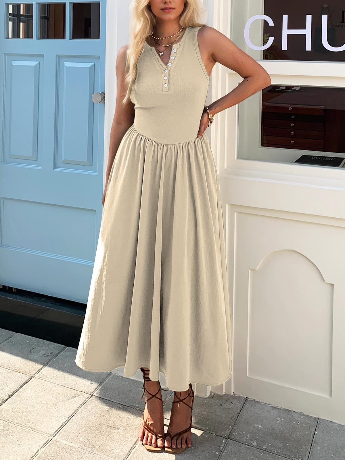 Women's Summer Casual Dresses Sleeveless Knitted V Neck Sundress