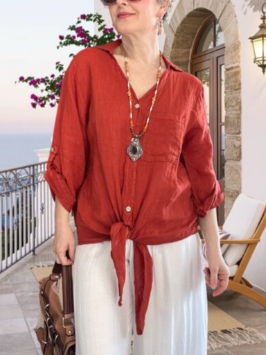 Rust Linen Crochet Back Tie-Front Blouse