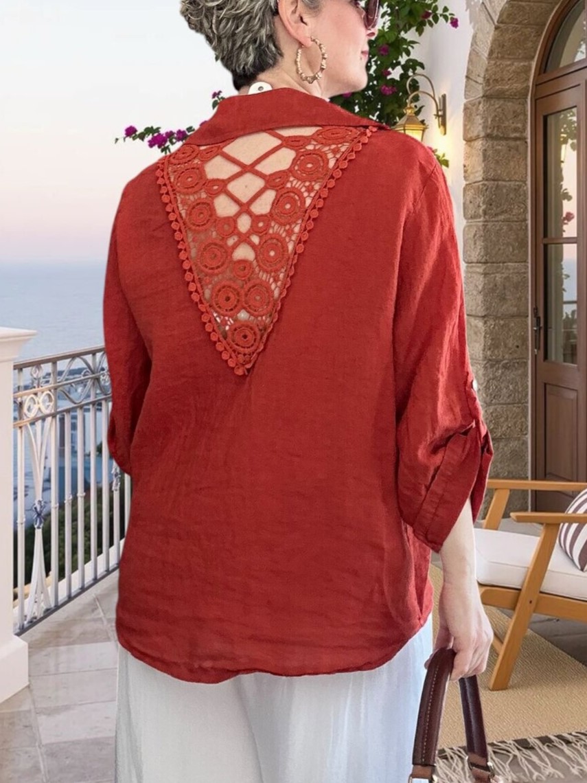 Rust Linen Crochet Back Tie-Front Blouse