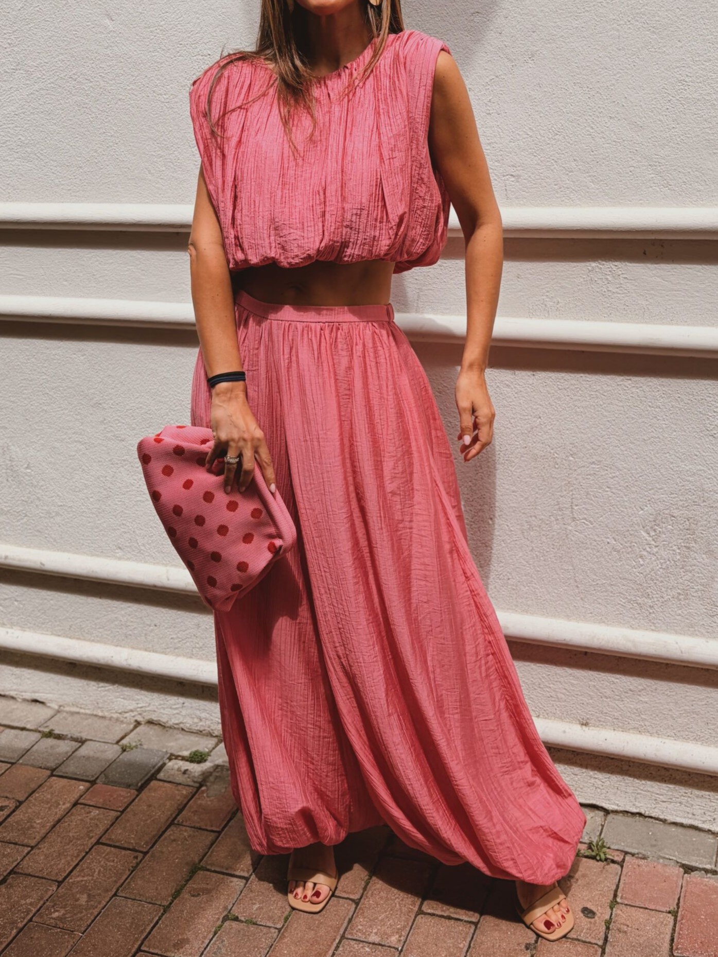 Pink Sleeveless Crop Top And Flowy Trousers Set