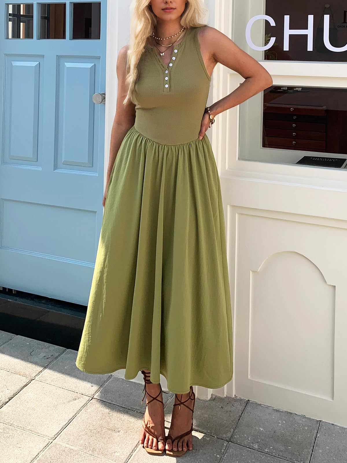 Women's Summer Casual Dresses Sleeveless Knitted V Neck Sundress