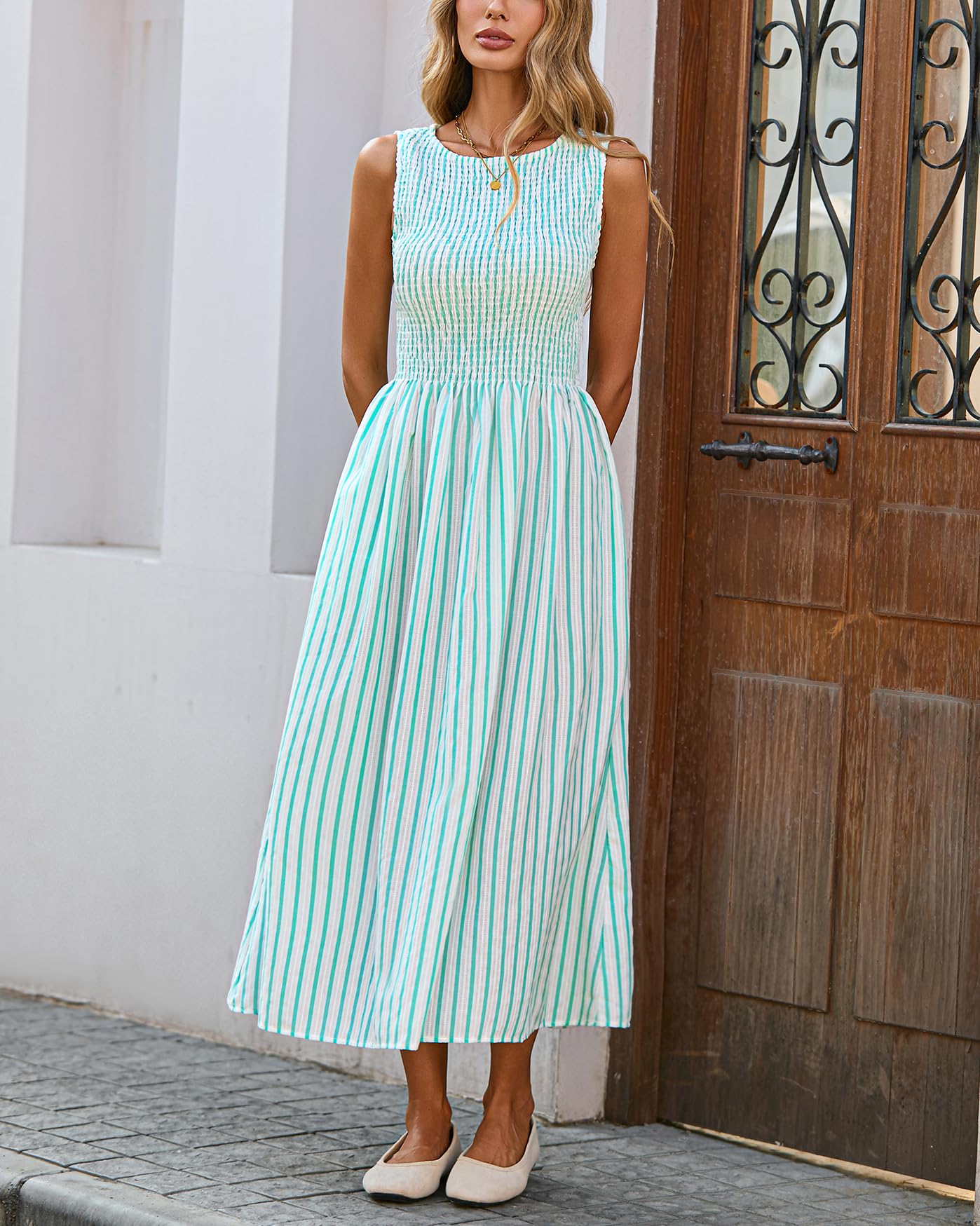 50%OFF🔥Women's Striped Smocked Sleeveless Midi Dress with Pockets