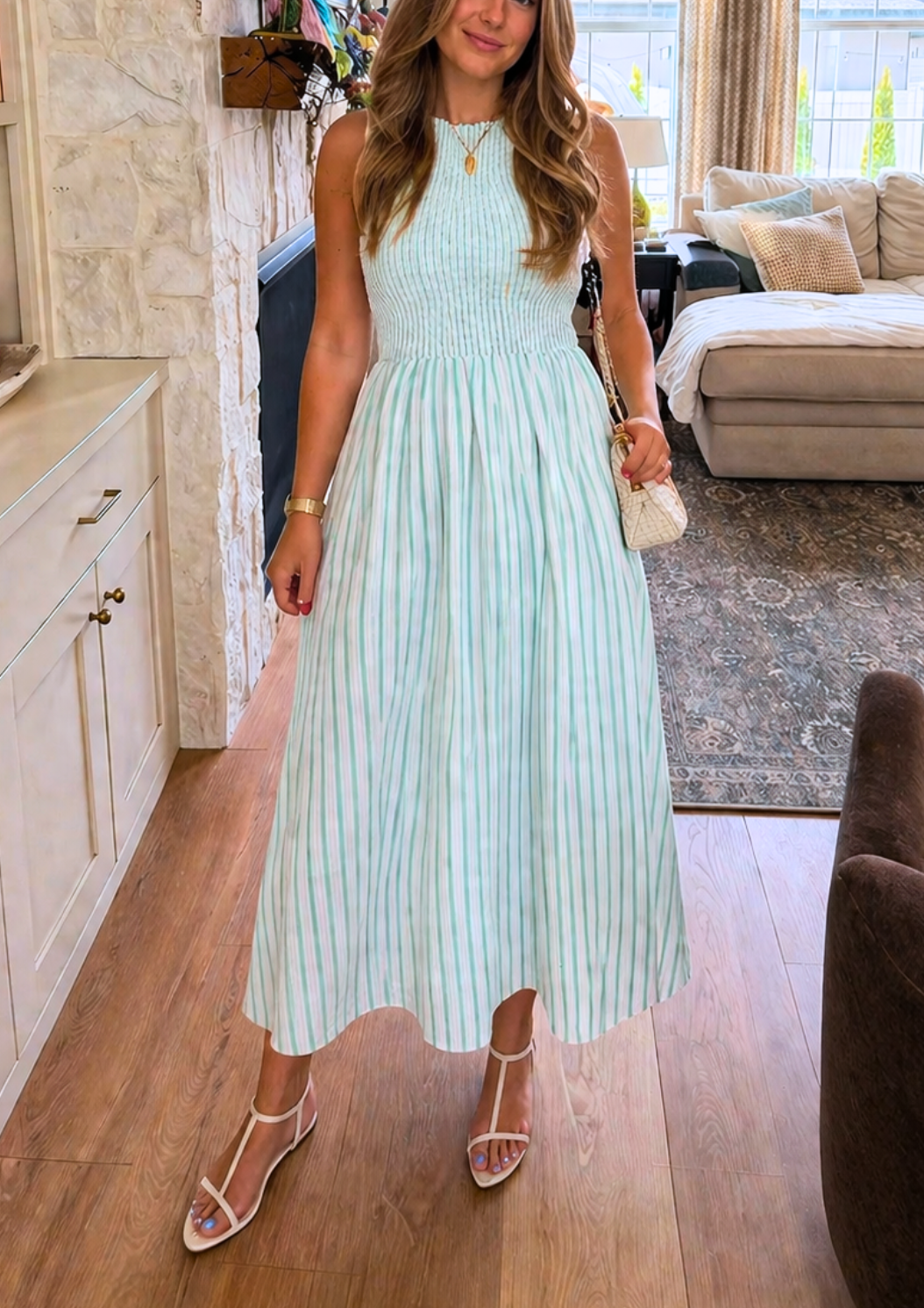 50%OFF🔥Women's Striped Smocked Sleeveless Midi Dress with Pockets