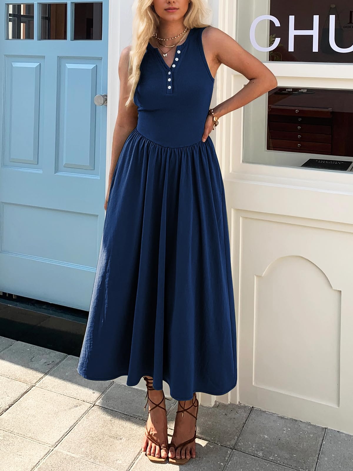 Women's Summer Casual Dresses Sleeveless Knitted V Neck Sundress