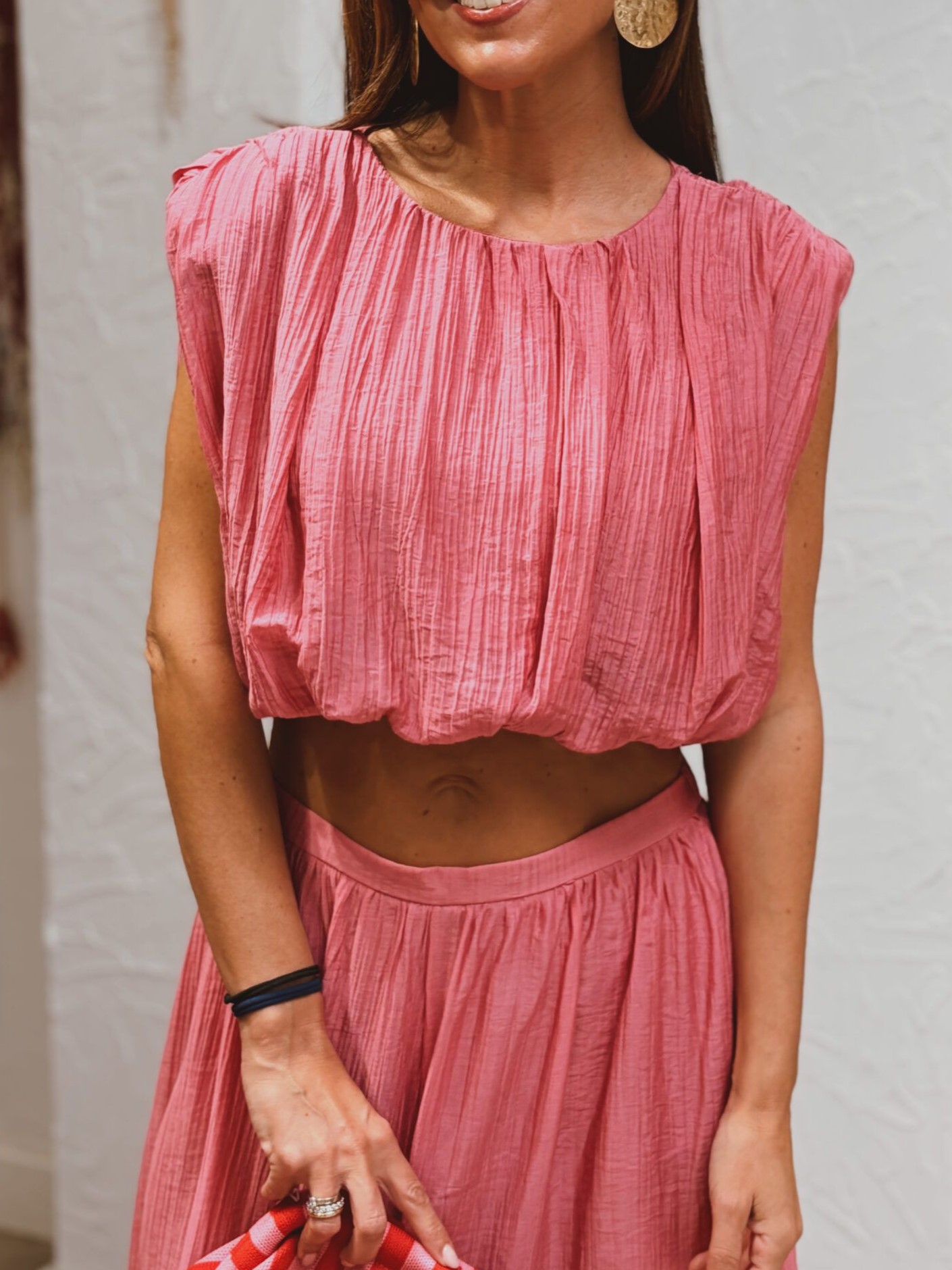 Pink Sleeveless Crop Top And Flowy Trousers Set