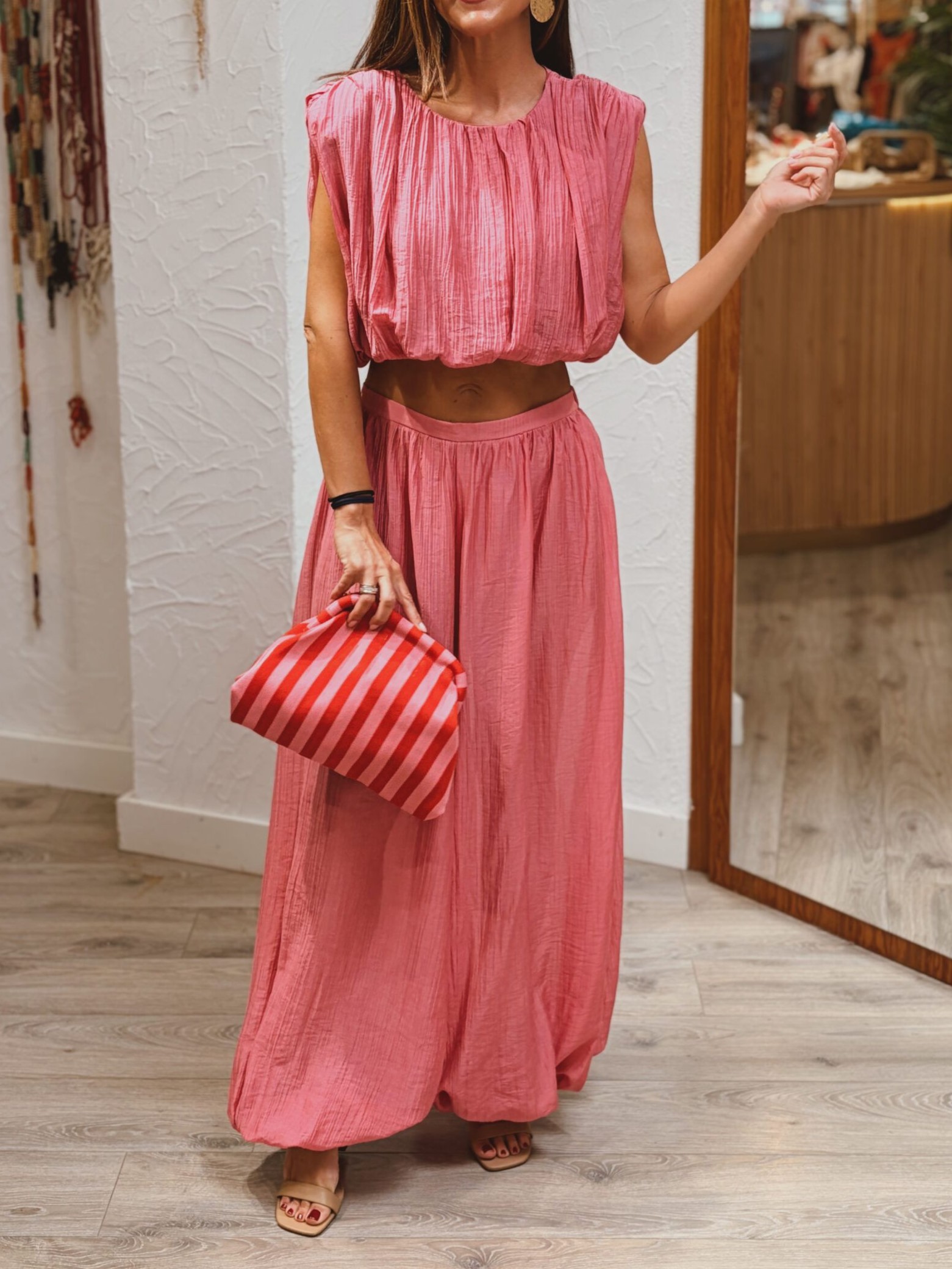 Pink Sleeveless Crop Top And Flowy Trousers Set