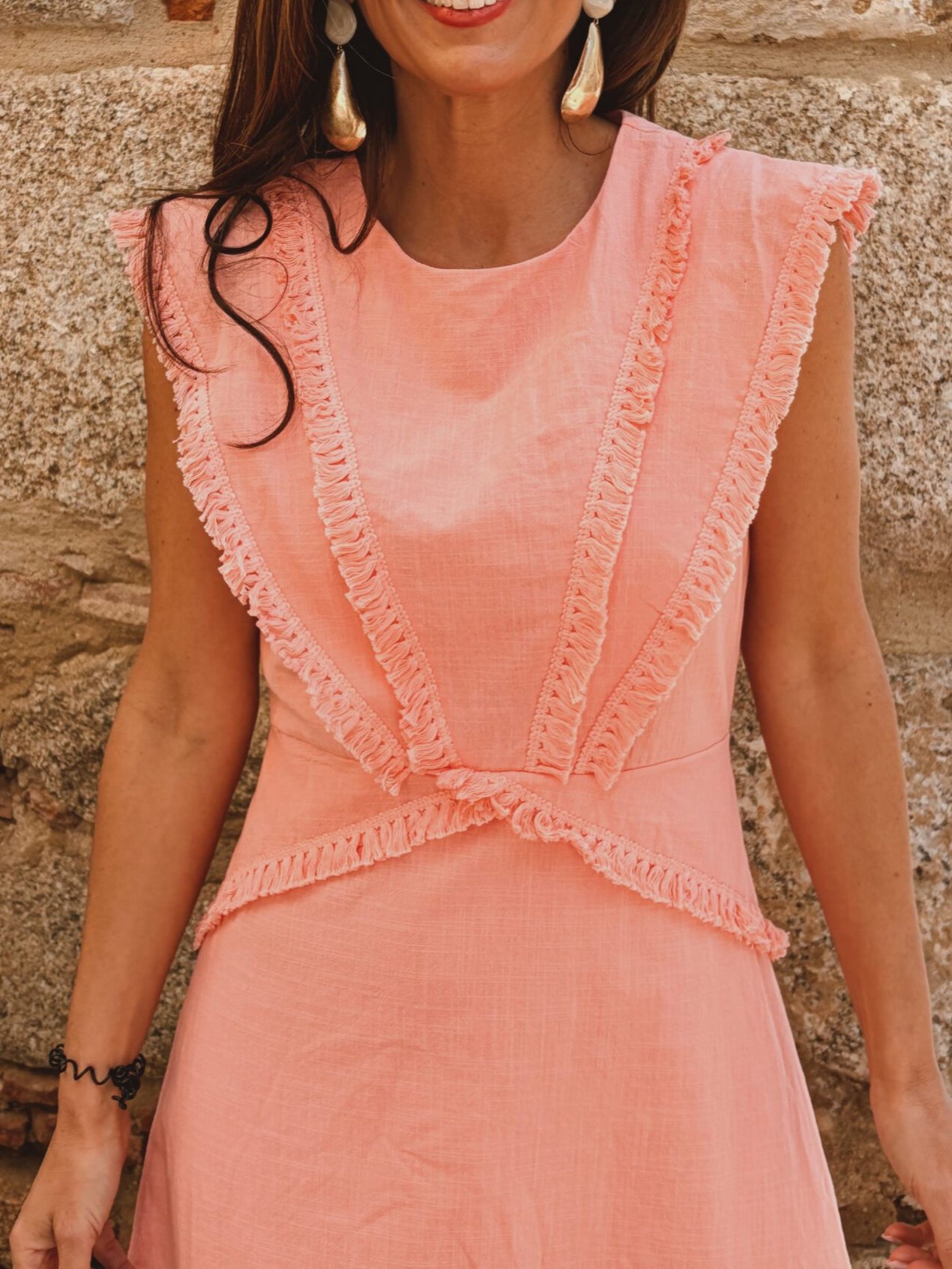 Coral-Colored Tassel Midi Cotton-Linen Dress
