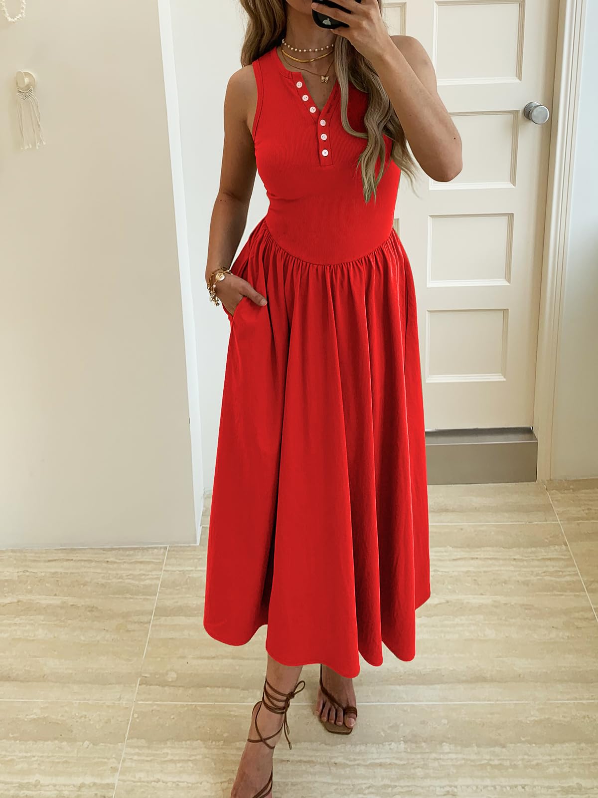 Women's Summer Casual Dresses Sleeveless Knitted V Neck Sundress