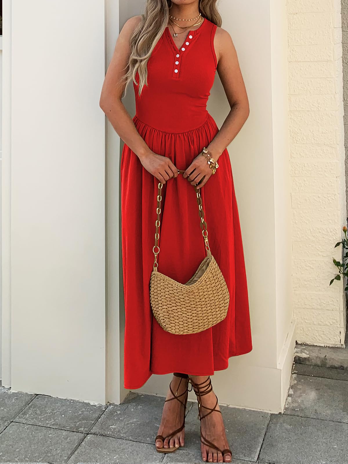 Women's Summer Casual Dresses Sleeveless Knitted V Neck Sundress