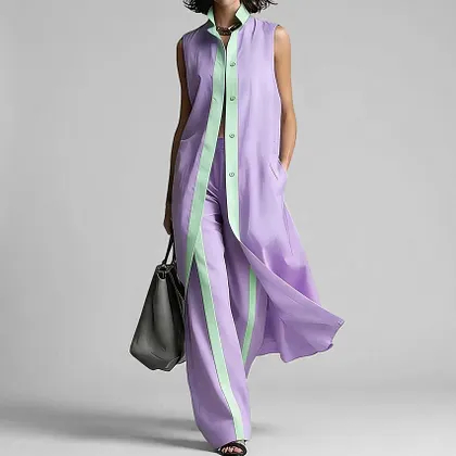 Women's Contrast Binding Pocket Button High Neck Sleeveless Long Top Wide Leg Pants 2Pcs Set