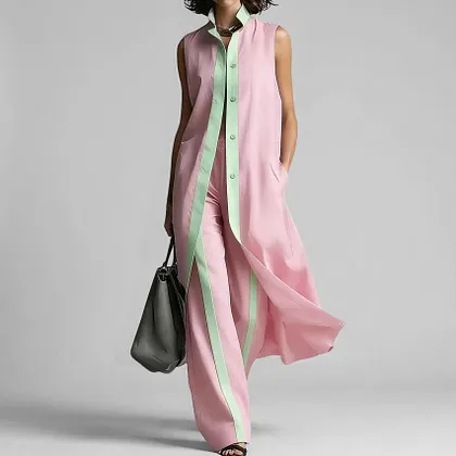 Women's Contrast Binding Pocket Button High Neck Sleeveless Long Top Wide Leg Pants 2Pcs Set