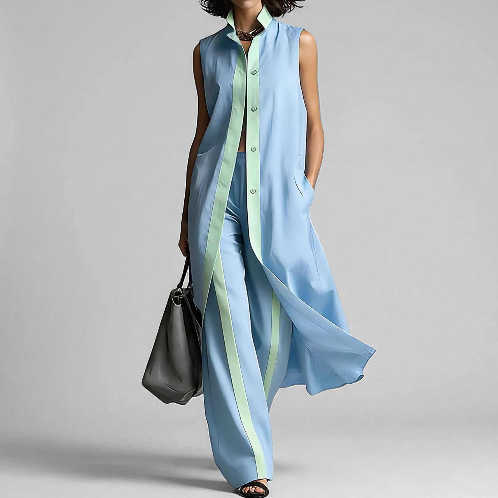 Women's Contrast Binding Pocket Button High Neck Sleeveless Long Top Wide Leg Pants 2Pcs Set