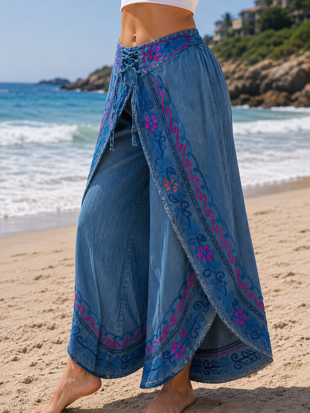 Bohemian Embroidered  Wide Leg Wrap Pants