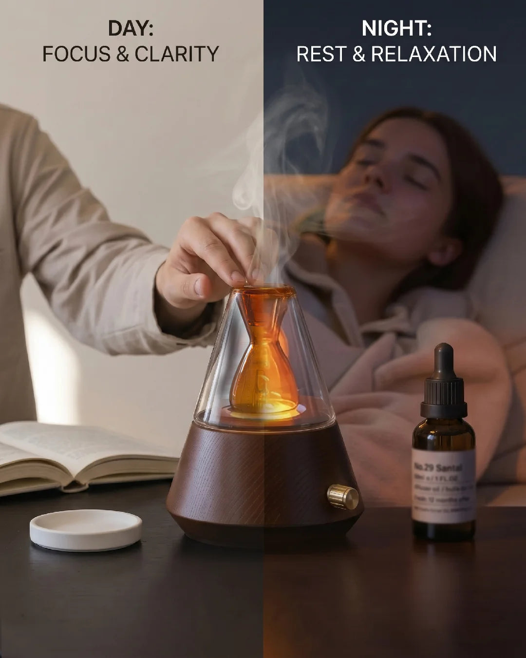 Day to Night Aromatherapy Routine with Waterless Wood Diffuser