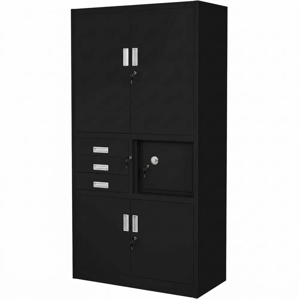 Metallschrank mit Tresor und verstellbaren Böden, 3 Schubladen, Geheimfach, Schwarz