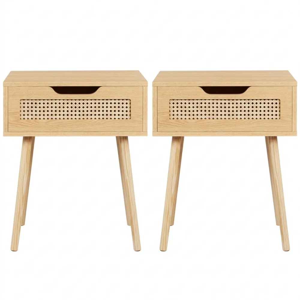 Rattan Nachttisch Set mit Schublade und Holzbeinen, Hellbraun