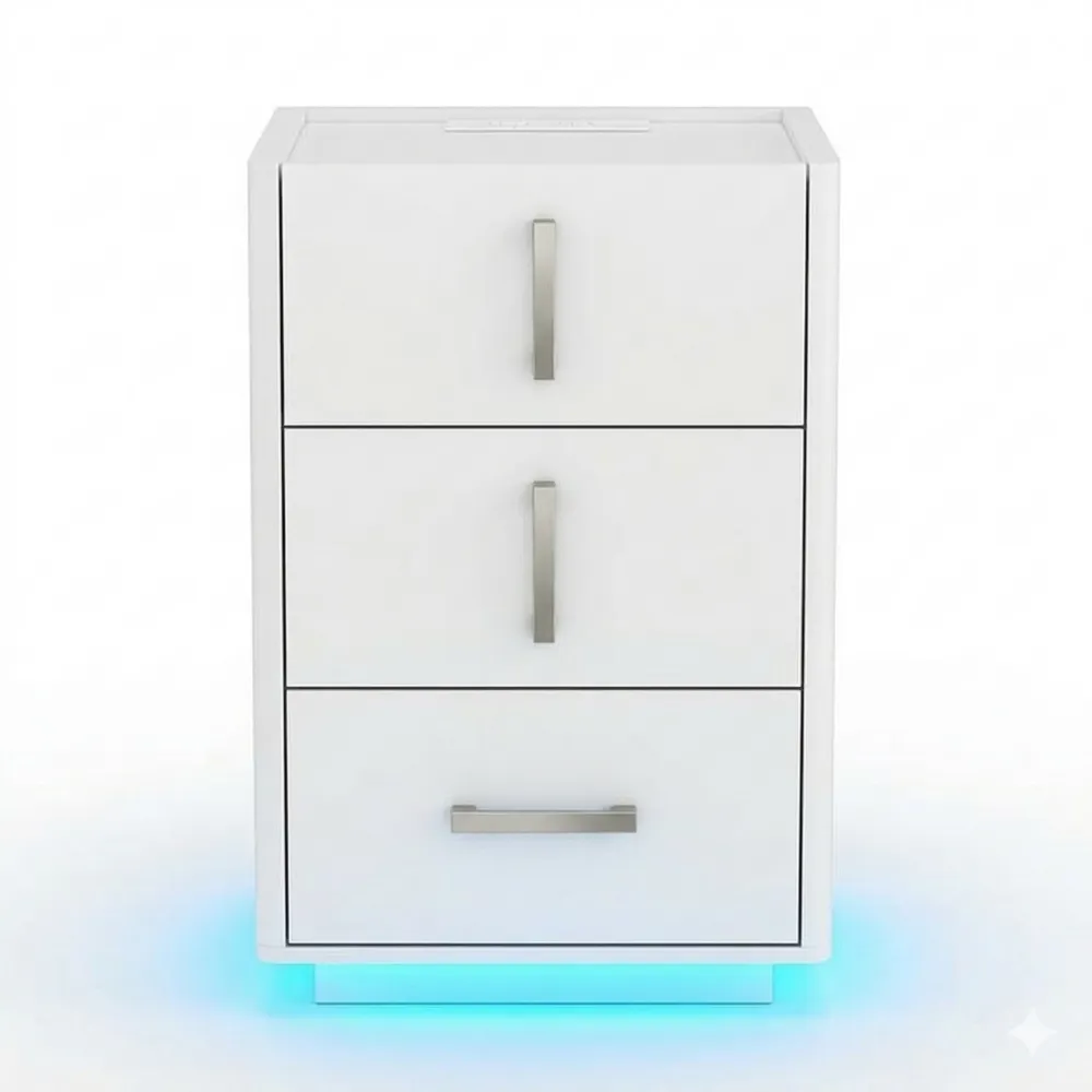 Moderner Nachttisch mit LED und Schubladen, Beistelltisch mit Steckdose, geeignet für Wohnzimmer und Schlafzimmer, 39.8x35x65cm, Weiß