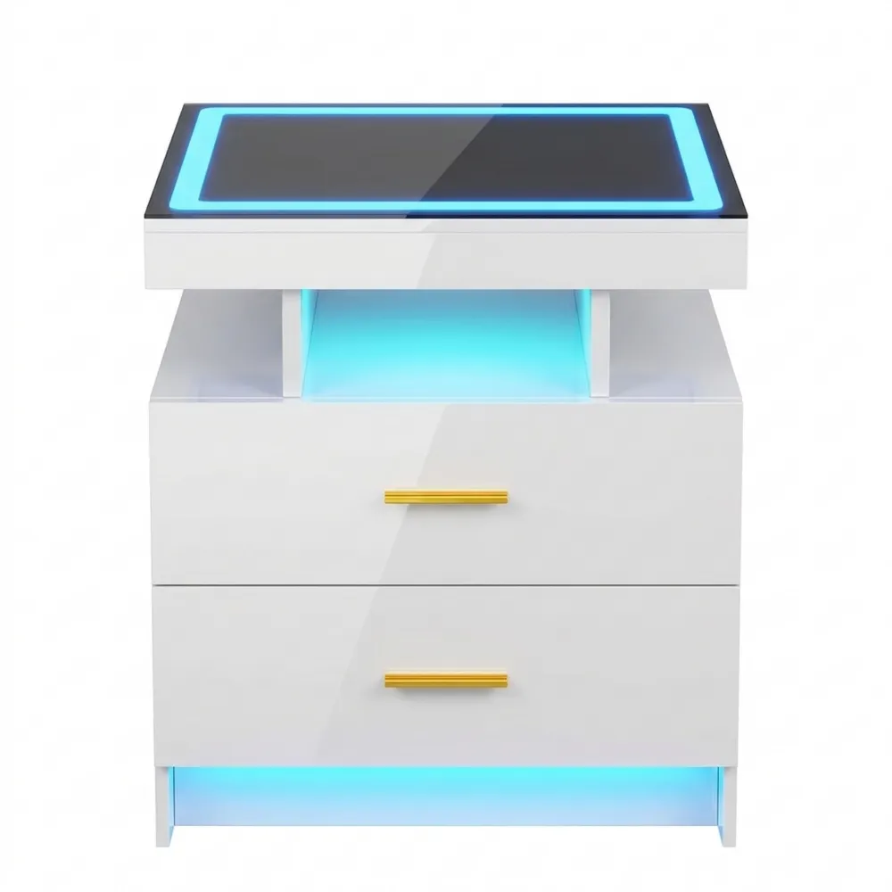Nachttisch mit LED-Beleuchtung und Ladefunktion, 2 Schubladen, für Schlafzimmer und Wohnzimmer