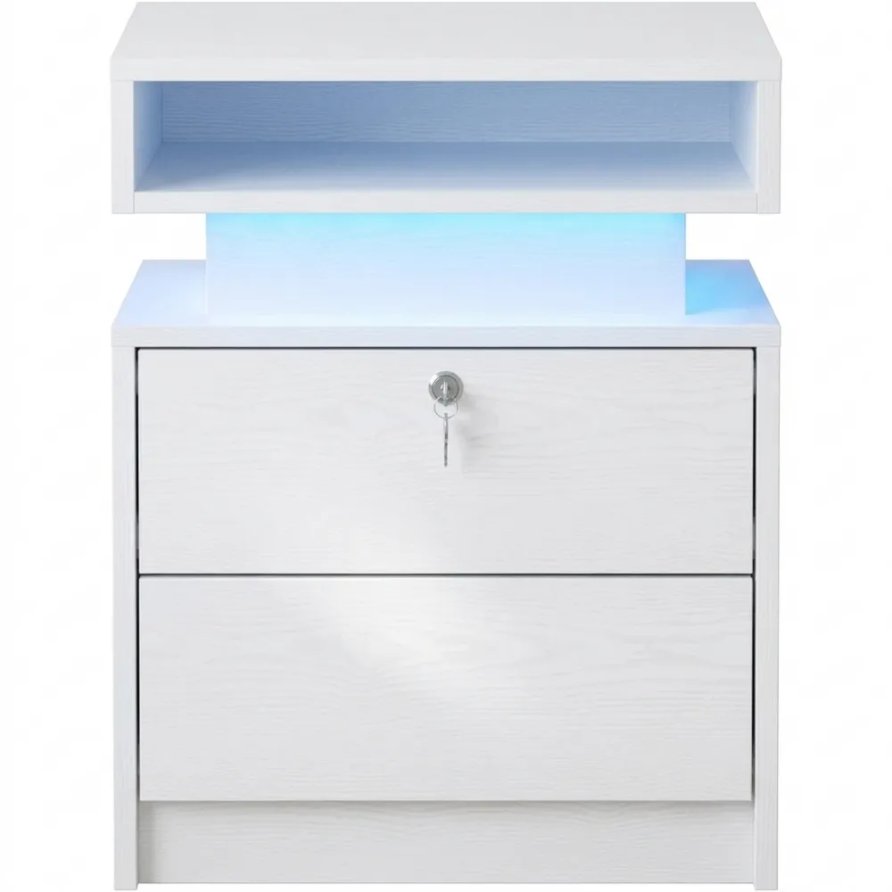 Nachttisch mit LED-Beleuchtung und Ladestation, inklusive AC-, USB- und Typ-C-Anschlüssen, offenes Fach