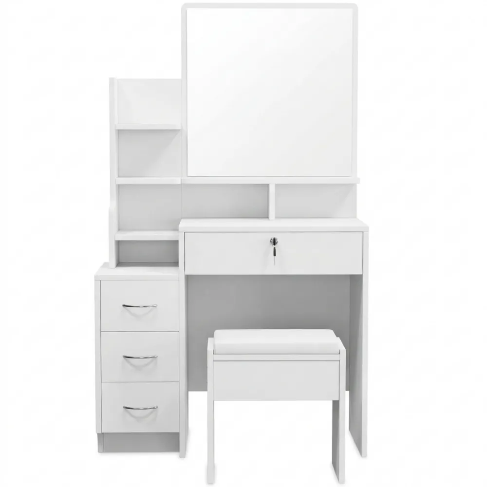 Moderner Kosmetiktisch mit Spiegel und Hocker, Weiß