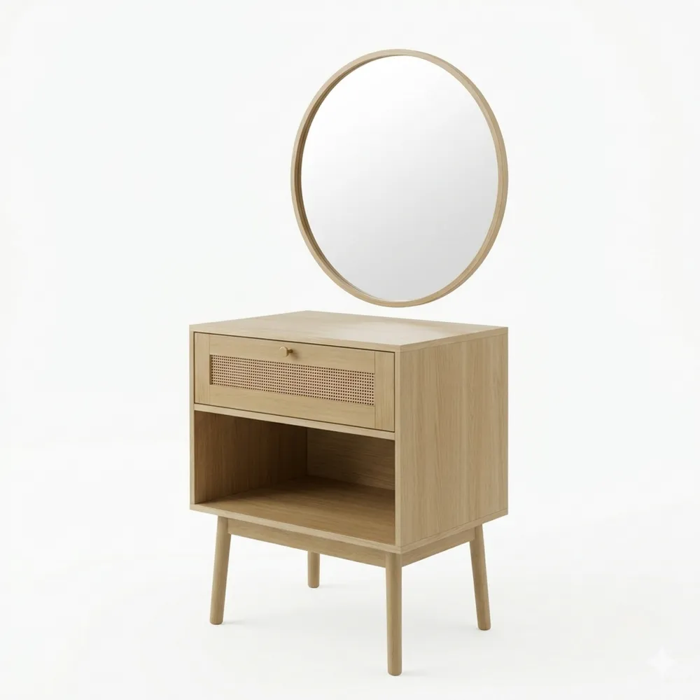 Kompakter Schminktisch mit Rattan-Schublade und Spiegel, Landhausstil, 50 cm tief
