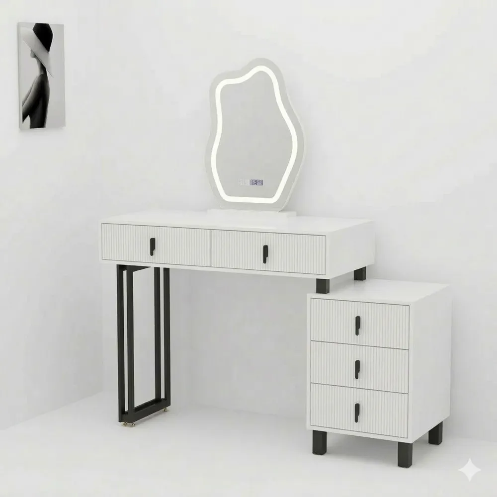 Frisiertisch mit beleuchtetem Spiegel und flexibler Montage, verstellbare Helligkeit, 5 Schubladen, modernes Design, für Schlafzimmer