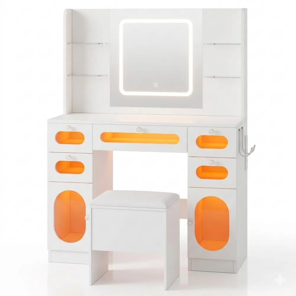 Moderner Schminktisch mit LED-Leuchten und Hocker, inklusive Schubladen und RGB-Beleuchtung