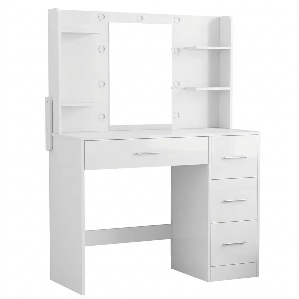 Moderner Schminktisch mit Spiegel und Beleuchtung, funktional mit Steckdose, 4 Schubladen, Regalen und Schmuckhaken