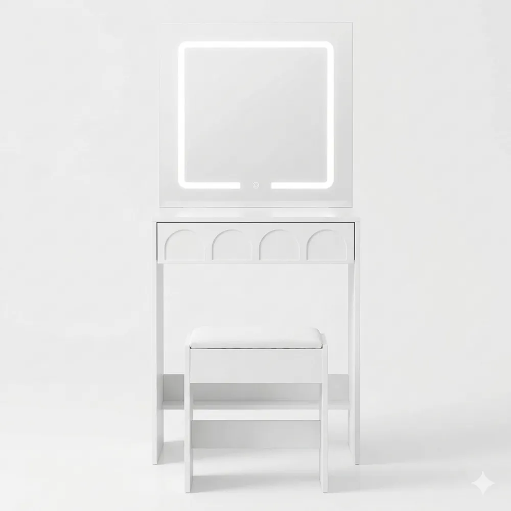 Kompakter Schminktisch mit beleuchtetem Spiegel, platzsparend in Weiß