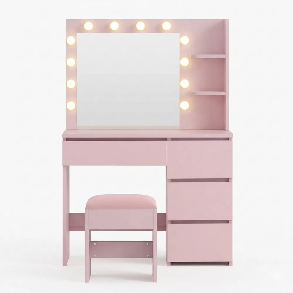 Schminktisch mit Spiegel und Beleuchtung, Frisiertisch mit Hocker und 4 Schubladen, verstellbare Helligkeit, rosa